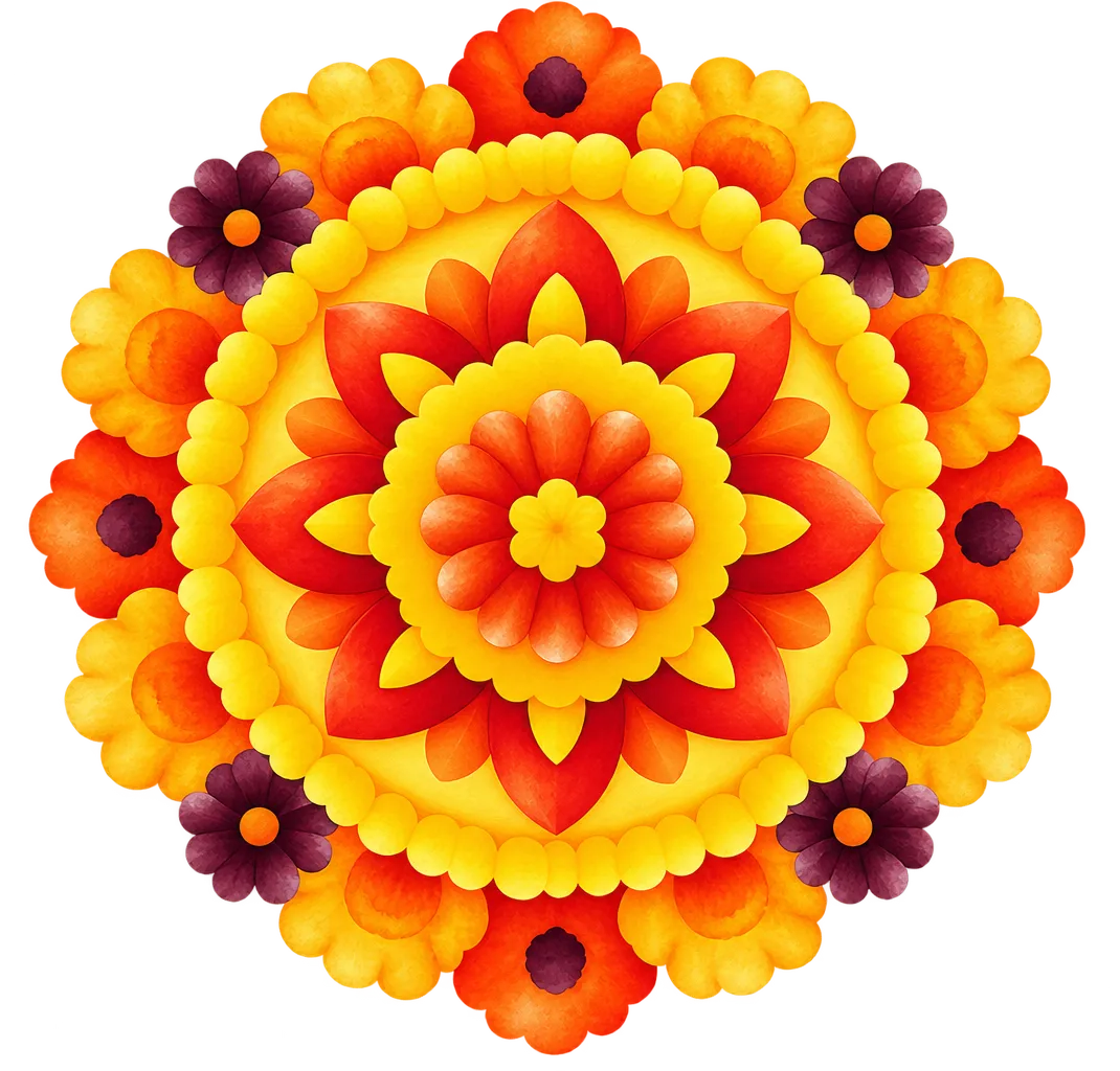 A colourful traditional Pookkalam floral arrangement