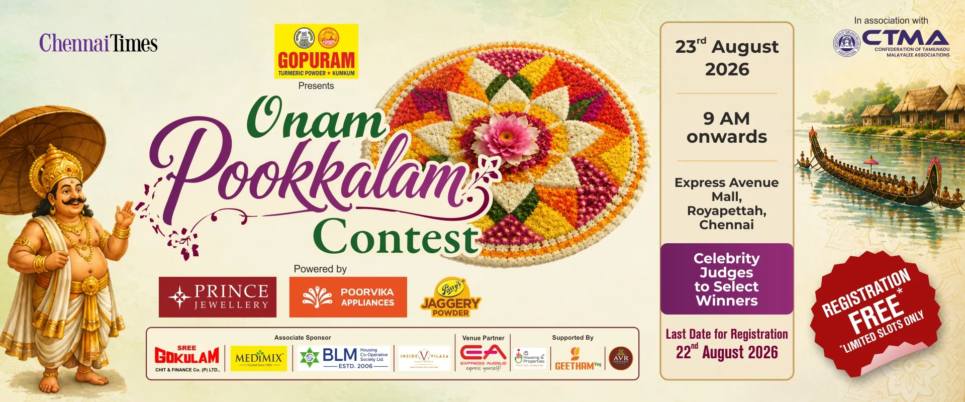 CTMA Onam Pookkalam Contest 2026 — presented by Chennai Times, powered by Prince Jewellery. 23rd August 2026, 9 AM onwards, Express Avenue Mall Royapettah Chennai. Celebrity judges. Win exciting prizes.